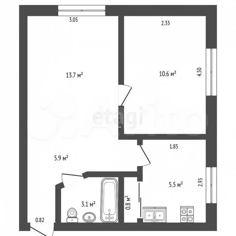 2-к. квартира, 39,5 м, 1/2 эт. - Фото 0