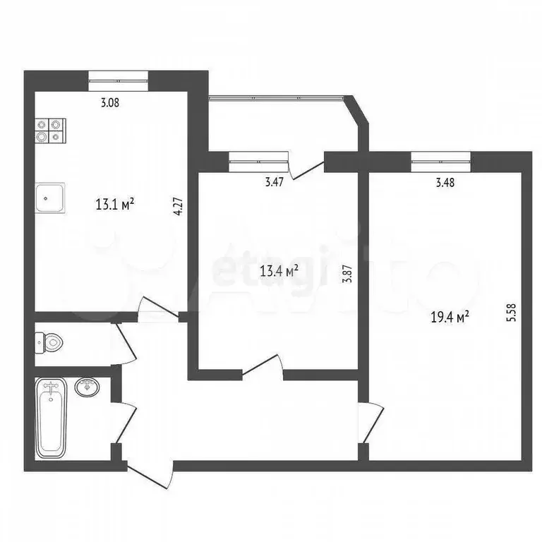 2-к. квартира, 58 м, 1/9 эт. - Фото 0
