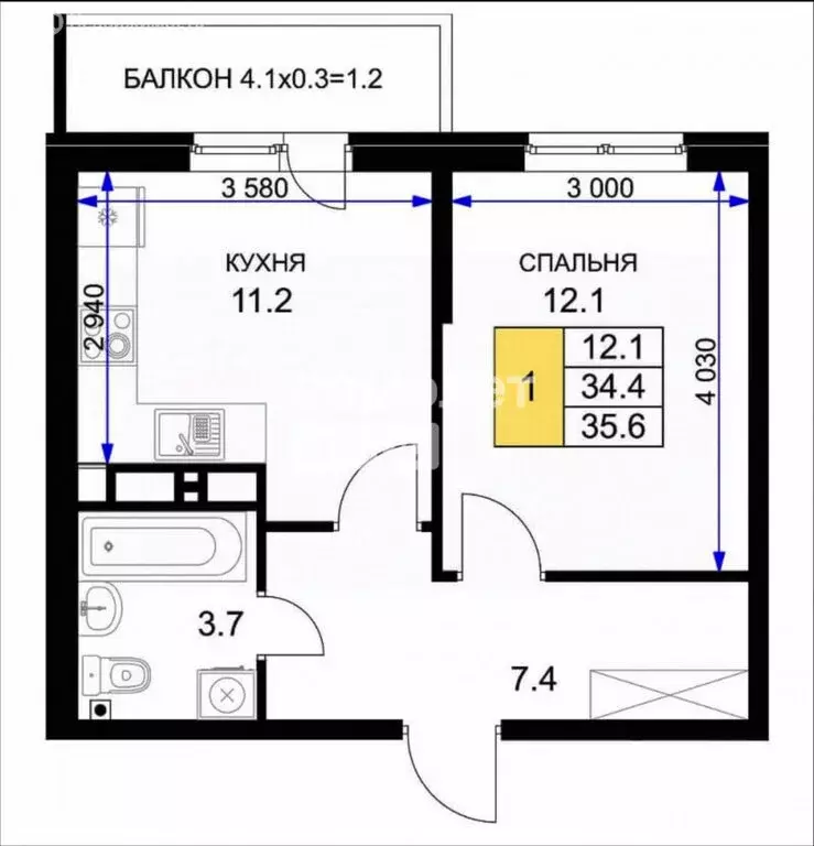1-комнатная квартира: Краснодар, улица имени Героя Ростовского, 8к3 ... - Фото 0