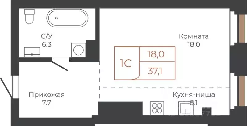 1-к кв. Алтайский край, Барнаул пл. Баварина, 8к1 (36.8 м) - Фото 1