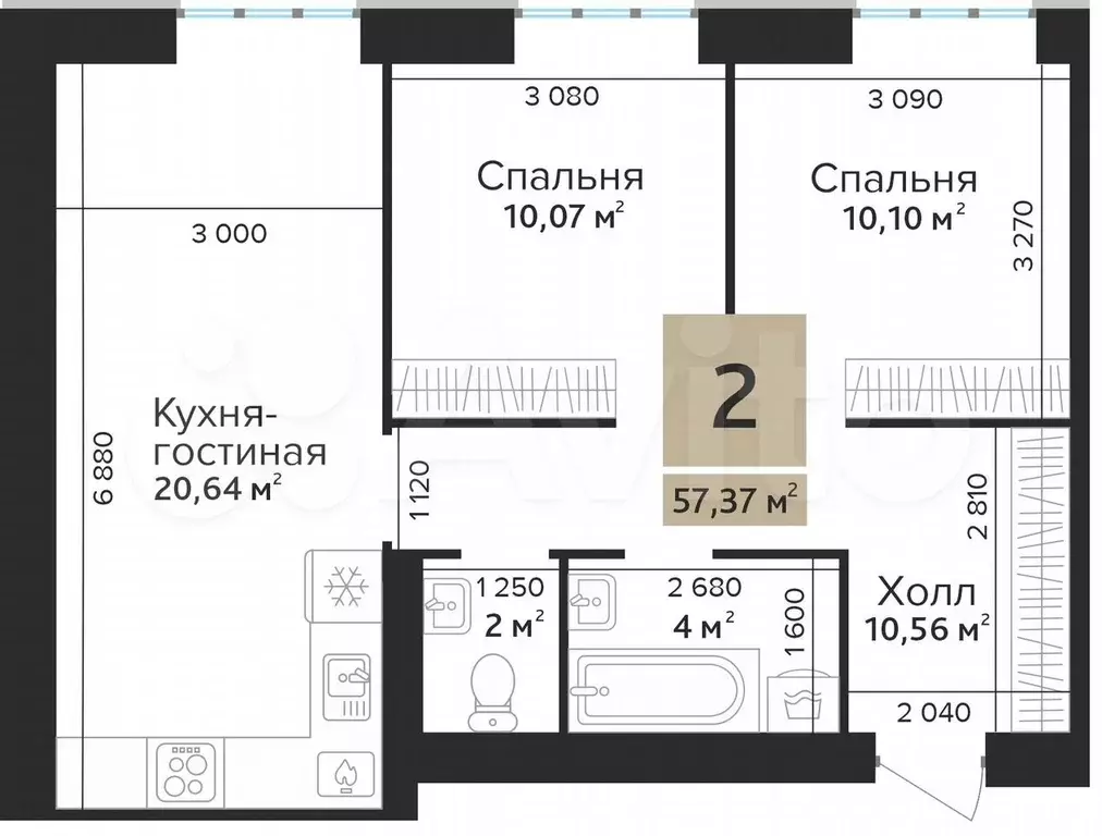 2-к. квартира, 57,4 м, 4/10 эт. - Фото 1