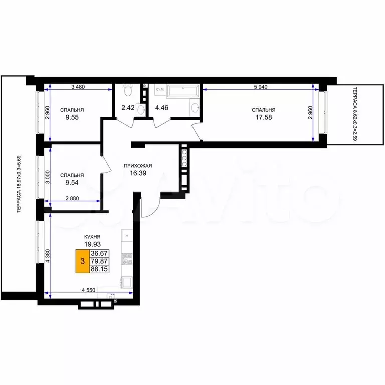 3-к. квартира, 88,1 м, 1/7 эт. - Фото 1