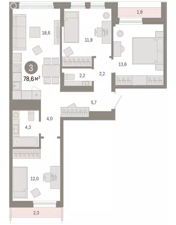 3-комнатная квартира: Тюмень, улица Республики, 205к1 (78.61 м) - Фото 2