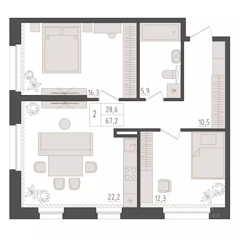 2-к кв. Башкортостан, Уфа 563-й кв-л,  (67.2 м) - Фото 1