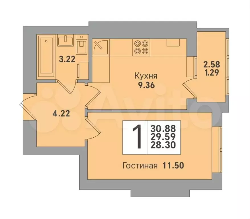 1-к. квартира, 30,9 м, 2/8 эт. - Фото 1