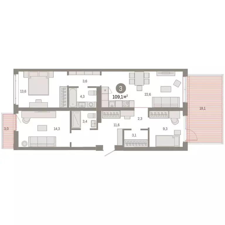 3-комнатная квартира: Тюмень, улица Республики, 205к3 (109.05 м) - Фото 2