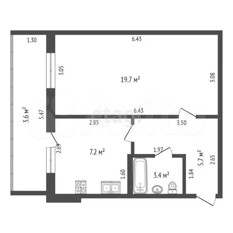 1-к. квартира, 39,6 м, 5/9 эт. - Фото 0