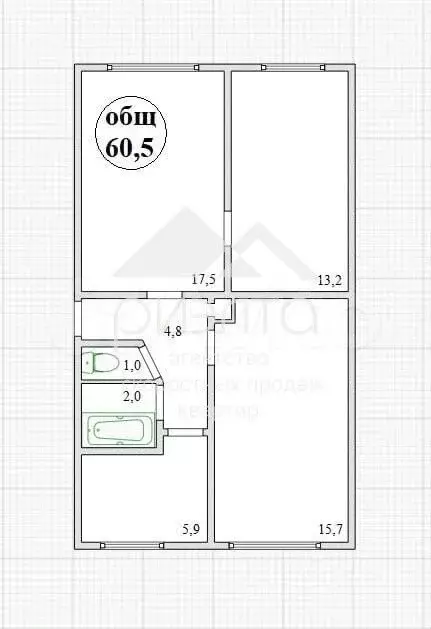 3-к. квартира, 60,5 м, 1/5 эт. - Фото 0