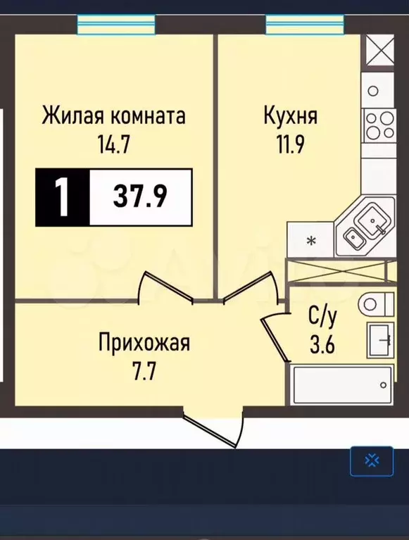 1-к. квартира, 37,9 м, 5/5 эт. - Фото 0