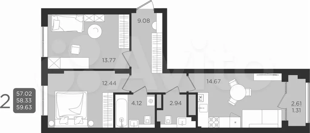 2-к. квартира, 59,6 м, 2/9 эт. - Фото 1