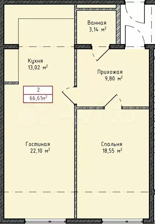 2-к. квартира, 66,6 м, 8/8 эт. - Фото 1