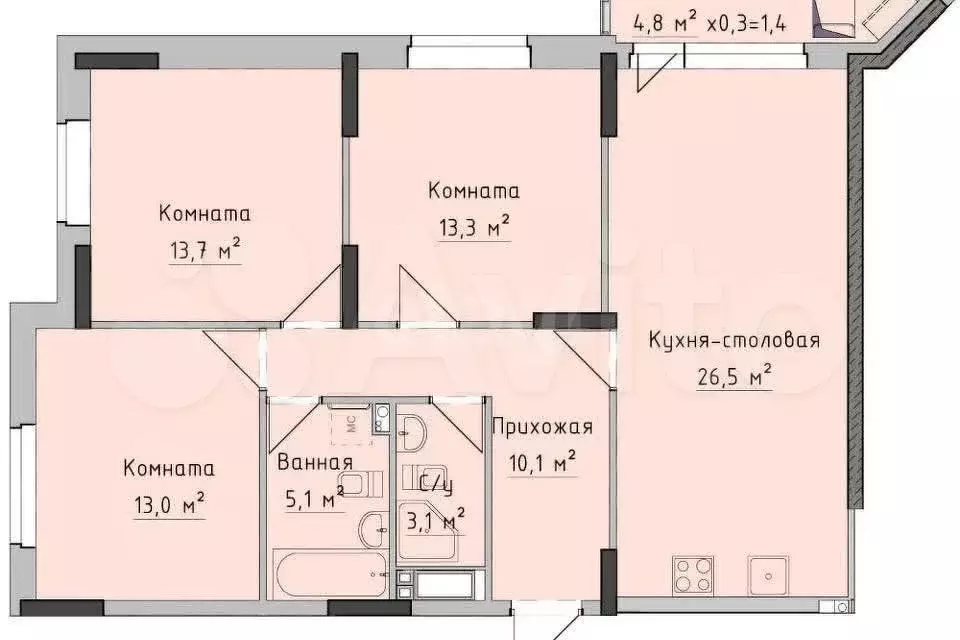 3-к. квартира, 66,5 м, 10/10 эт. - Фото 0