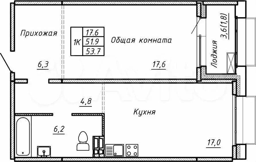 Своб. планировка, 53,7 м, 2/15 эт. - Фото 0