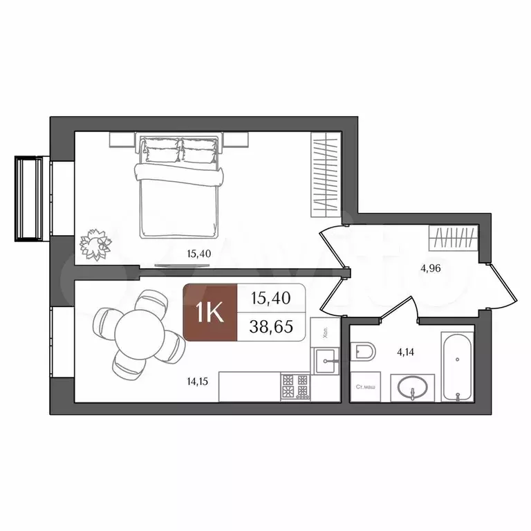 1-к. квартира, 38,7 м, 15/21 эт. - Фото 1