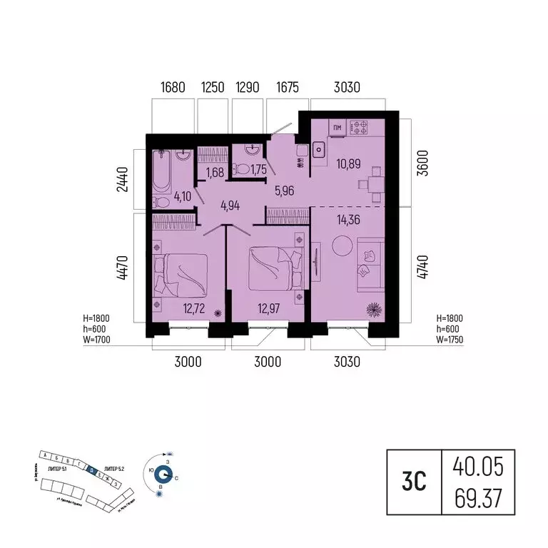 3-комнатная квартира: Уфа, улица Рудольфа Нуреева, 7 (69.37 м) - Фото 1