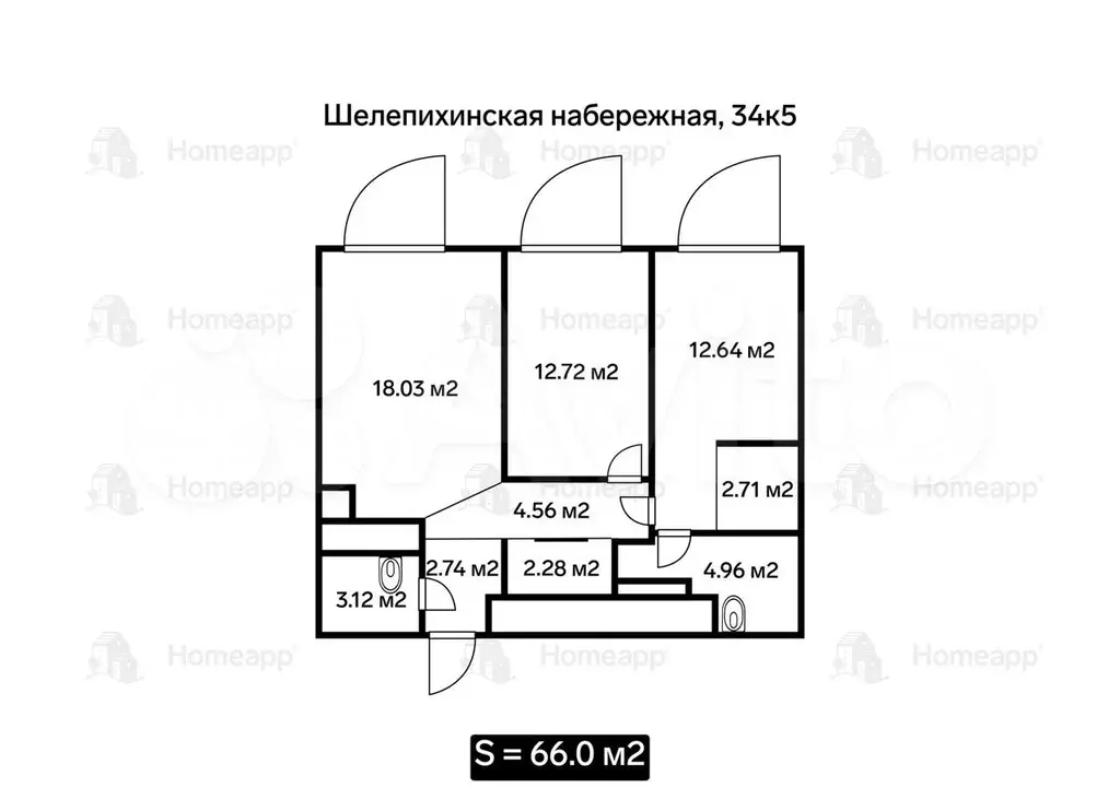 2-к. квартира, 66 м, 36/41 эт. - Фото 0