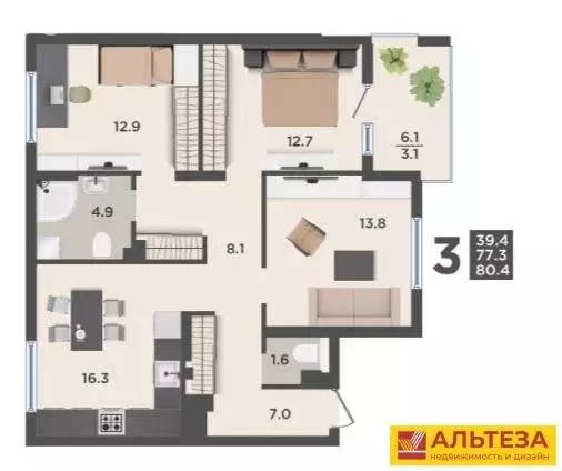 3-комнатная квартира: посёлок Васильково, Весенняя улица, 3 (80.4 м) - Фото 1