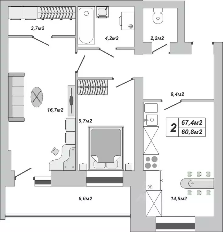 2-к кв. Тамбовская область, Тамбов ул. Чичерина, 7/1к3 (67.4 м) - Фото 1