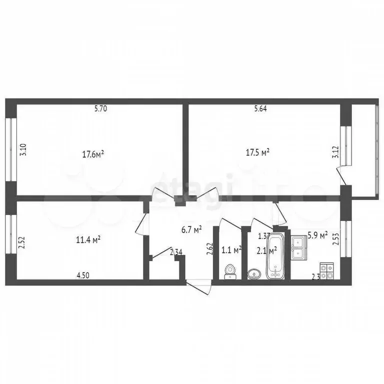 3-к. квартира, 62,9 м, 5/5 эт. - Фото 1