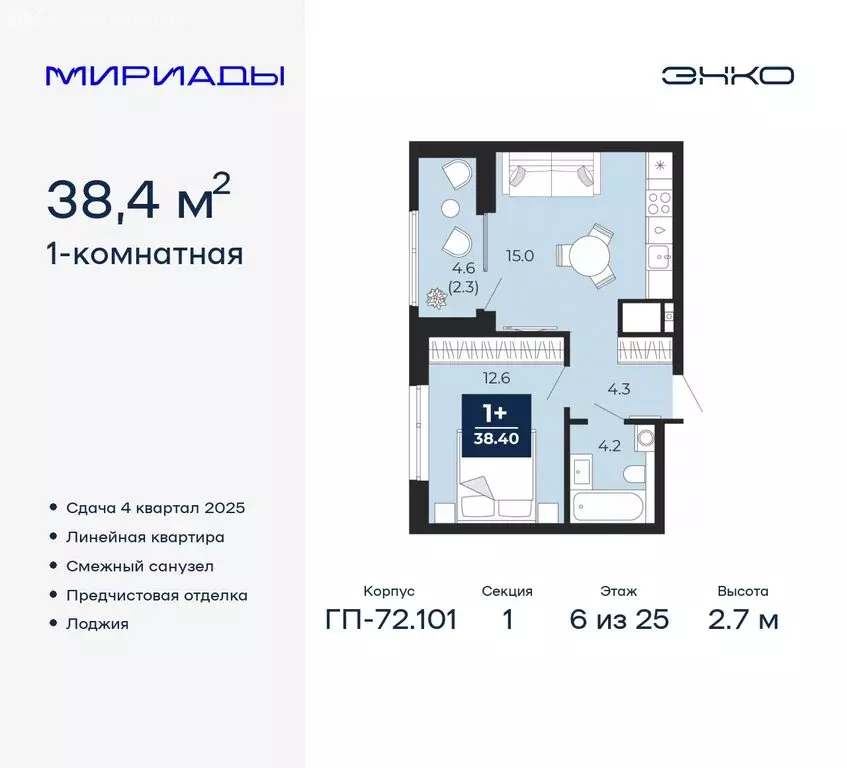 1-комнатная квартира: Тюмень, Ленинский округ (38.4 м) - Фото 0