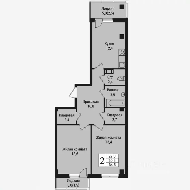 2-к кв. Ленинградская область, Всеволожск Южный мкр, ул. Крымская, 1 ... - Фото 1