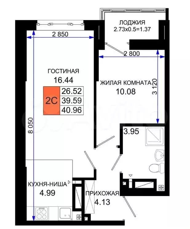 1-к. квартира, 41 м, 7/25 эт. - Фото 1