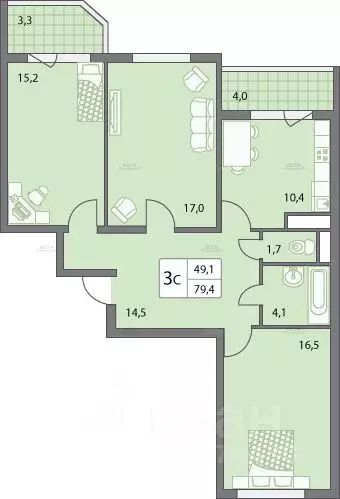 3-к кв. Калужская область, Калуга ул. 65 лет Победы, 45 (79.4 м) - Фото 2