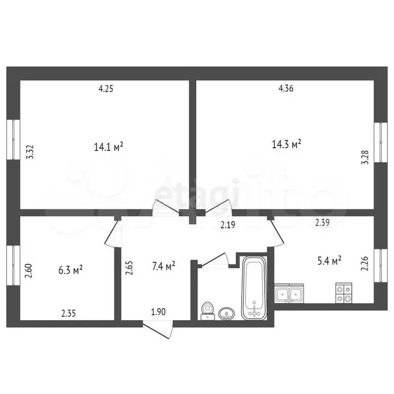 3-к. квартира, 49,9 м, 1/2 эт. - Фото 0