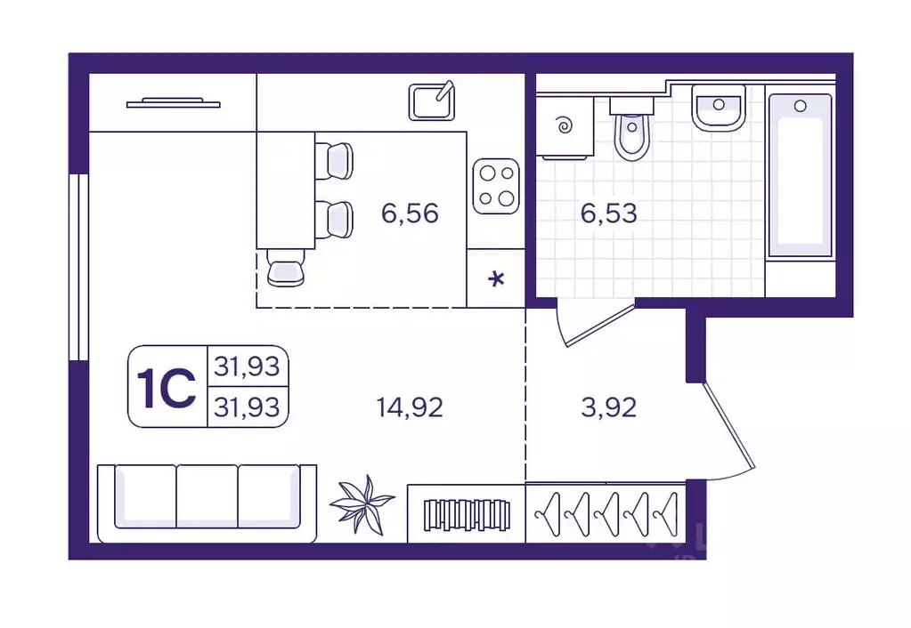 Студия Приморский край, Владивосток ул. Борисенко (31.93 м) - Фото 0