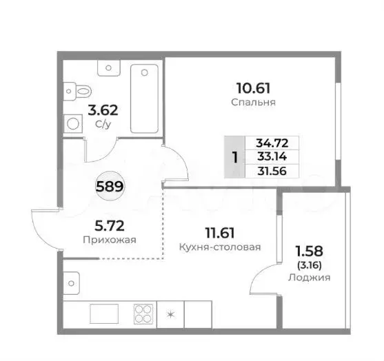 1-к. квартира, 33,1 м, 1/10 эт. - Фото 1