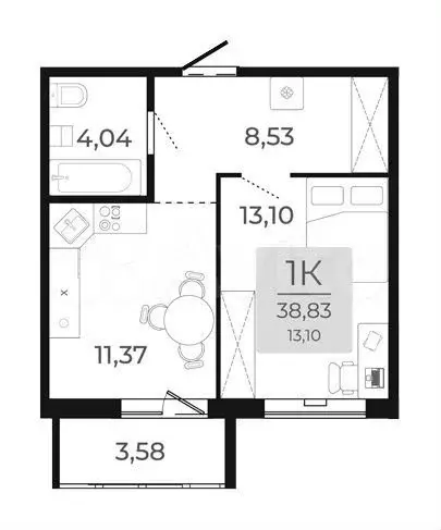 1-к. квартира, 38,8 м, 6/9 эт. - Фото 0