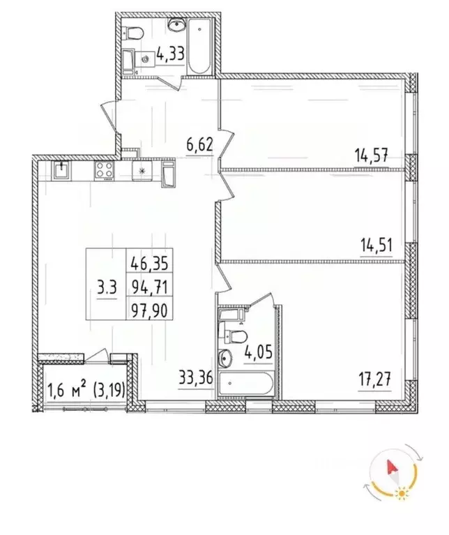 Квартира, 3 комнаты, 97.9 м - Фото 1