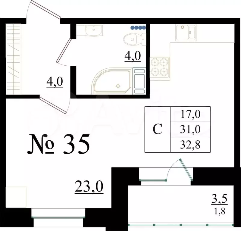 квартира-студия, 32,8 м, 5/8 эт. - Фото 0