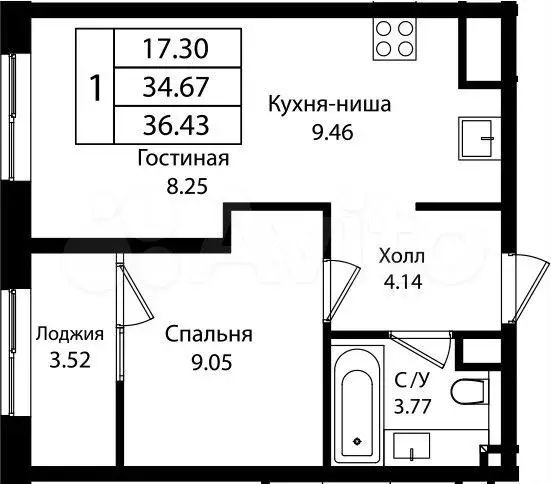 2-к. квартира, 36,4 м, 4/18 эт. - Фото 1