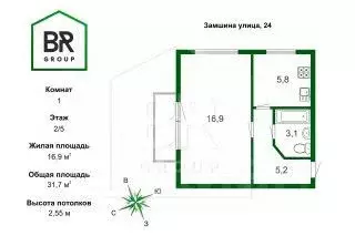 1-к кв. Санкт-Петербург ул. Замшина, 24 (31.7 м) - Фото 1