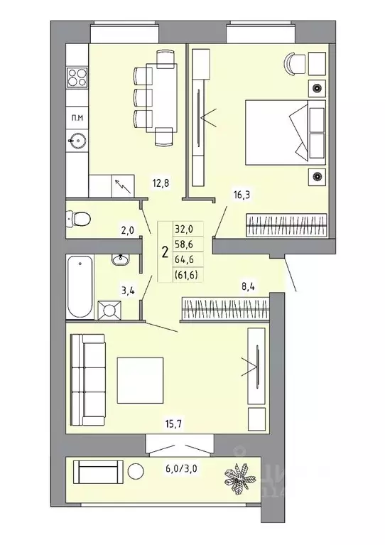 2-к кв. Костромская область, Кострома Калиновская ул., 28А (61.0 м) - Фото 1
