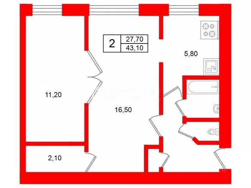 Квартира, 2 комнаты, 43.1 м - Фото 1