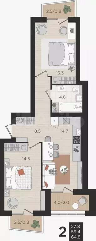 2-к. квартира, 59,4 м, 2/4 эт. - Фото 0