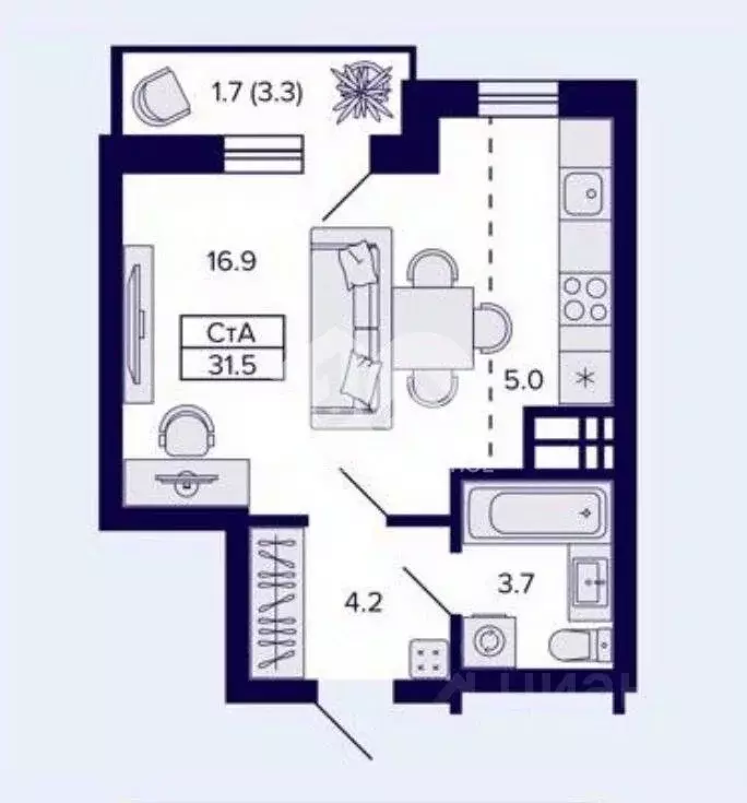 Студия Новосибирская область, Новосибирск ул. Петухова, 162/1 (32.6 м) - Фото 2