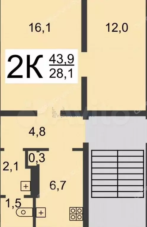 2-к. квартира, 43,3 м, 1/2 эт. - Фото 0