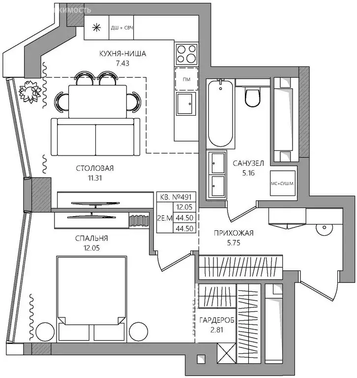 2-комнатная квартира: Пермь, шоссе Космонавтов, 10А (44.5 м) - Фото 1