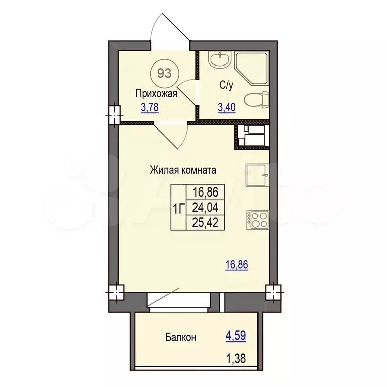 Квартира-студия, 25,4 м, 4/9 эт. - Фото 0