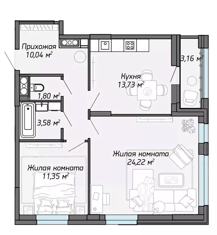 2-к кв. Марий Эл, Йошкар-Ола Два Капитана жилой комплекс (66.3 м) - Фото 1
