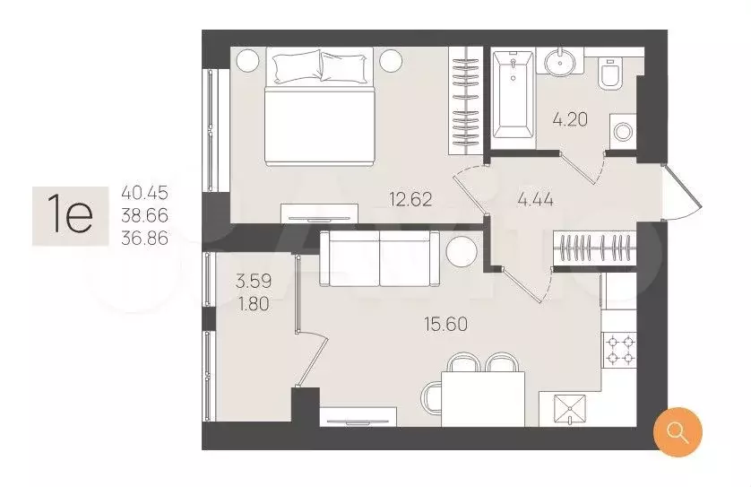 1-к. квартира, 40,5 м, 5/5 эт. - Фото 1