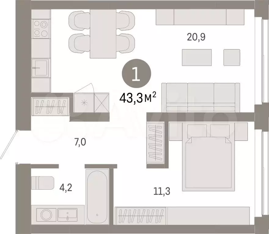 1-к. квартира, 43,3 м, 2/23 эт. - Фото 1