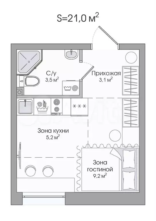 1-к. квартира, 21 м, 2/3 эт. - Фото 0