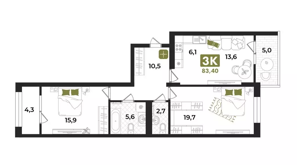 3-комнатная квартира: Тюмень, улица Евгения Войнова, 7 (83.4 м) - Фото 1