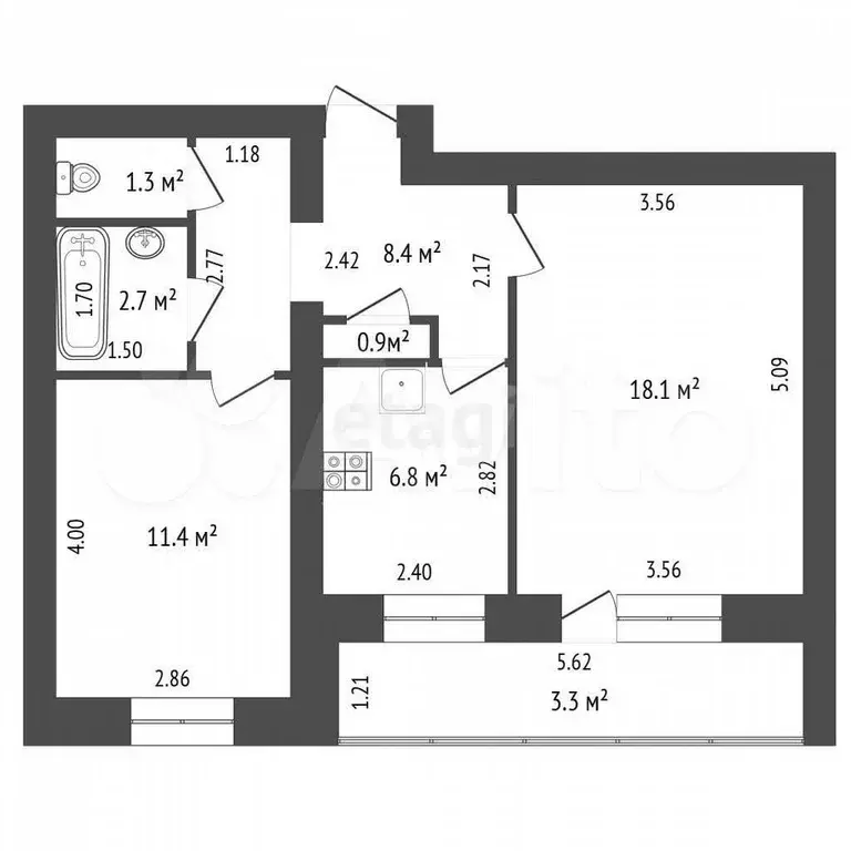 2-к. квартира, 49,6 м, 9/9 эт. - Фото 1