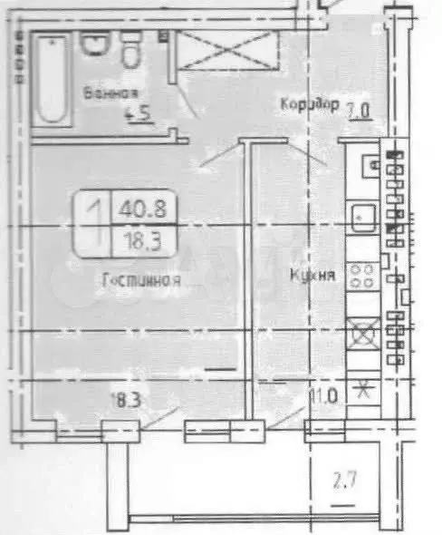 1-к. квартира, 41,8 м, 2/4 эт. - Фото 0