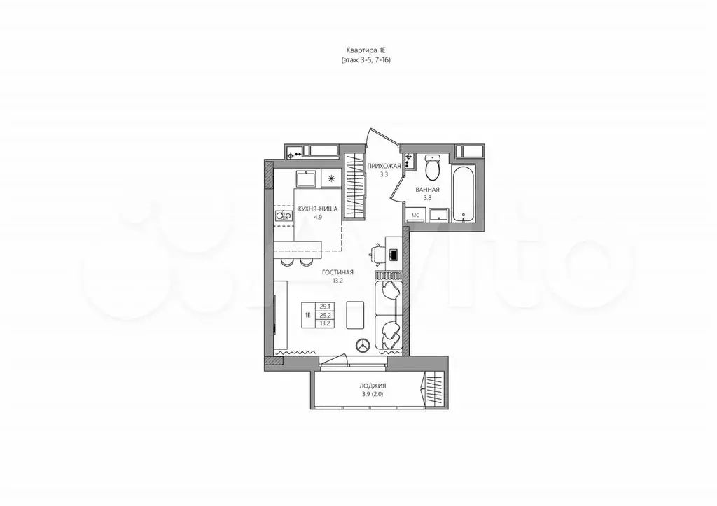 Квартира-студия, 27,2 м, 7/16 эт. - Фото 0